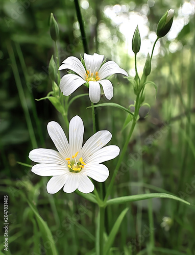 Wild greater stitchwort white flowers on a forest floor in closeup