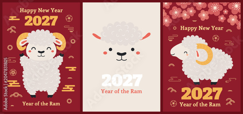 2027 Chinese Lunar New Year cute ram, sheep card, banner collection. Flat vector illustration. Zodiac sign, kawaii animal character. CNY, Seollal, Tet traditional holiday design elements