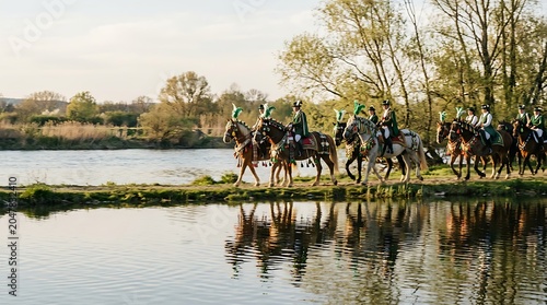 Traditional horse parade along a riverbank at sunset