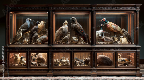 Taxidermy Exhibit Display Case Featuring Hawks and Eagles in Natural History Museum Collection - Educational and Conservation Focused