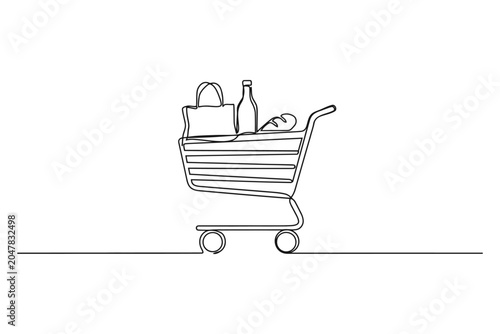 Photography Continuous line drawing of a grocery shopping cart with shopping supermarket con