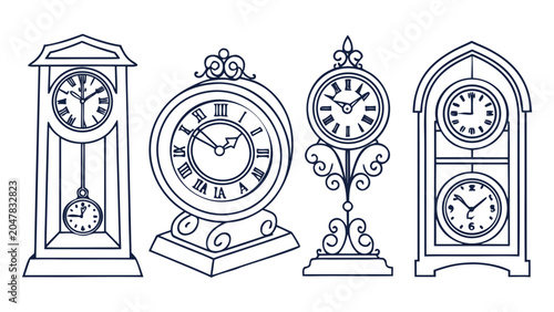 Tableau sur toile Set of four antique clock designs in linear illustration style with timepiece