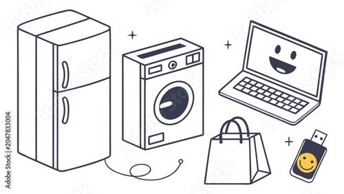 Modern household appliances and digital gadgets isometric icon illustrations