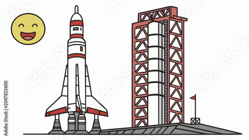 Space rocket launch pad with smiling yellow sun icon lift off spacecraft