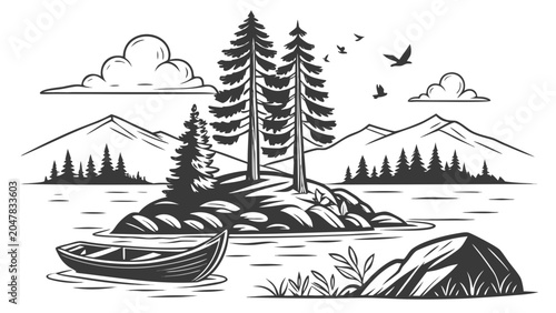 Canoe on mountain lake landscape with fir trees and peaks mountain evergreen