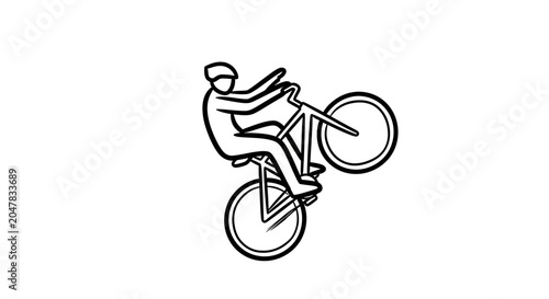 Foto Stick figure cyclist performing a wheelie on a bike.