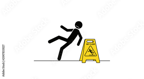 Stick figure slipping on wet floor caution sign icon.