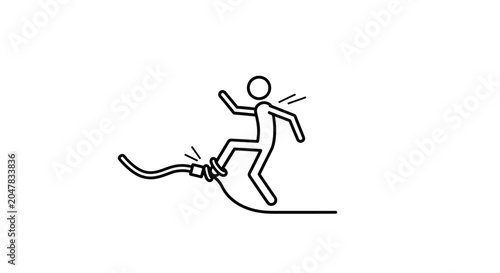 Stick figure tripping over a long wire.