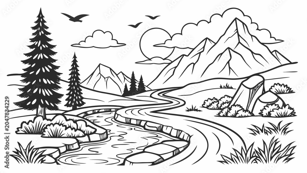 Obraz premium Mountainous river valley landscape line art with mountain landscape wilderness
