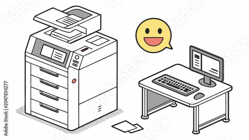 Tableau sur toile Office desk with computer and large multi-function printer illustration
