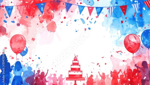 Vibrant Celebration with Cake and Balloons in Red, White, and Blue.