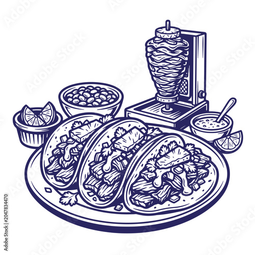 Traditional mexican street food tacos al pastor with meat spit illustration delicious illustration restaurant culinary creative traditional appetizer authentic
