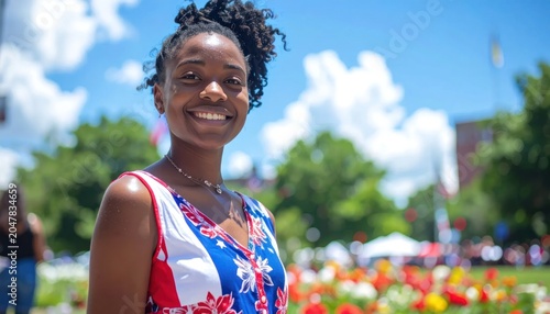 Young Black Woman Smiling Outdoors on a Sunny Day.
