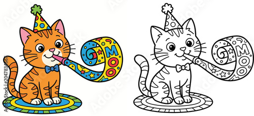 Cute Cartoon Cat with Party Hat and Blower Perfect for Celebrations and Kids' Designs
