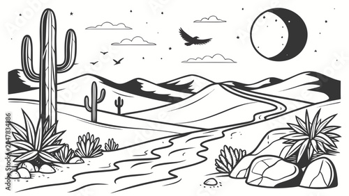 Black and white desert landscape with cactus and full moon illustration
