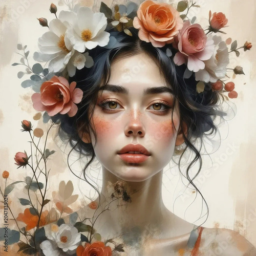 Artistic illustration. Abstract portrait of a young girl in flowers