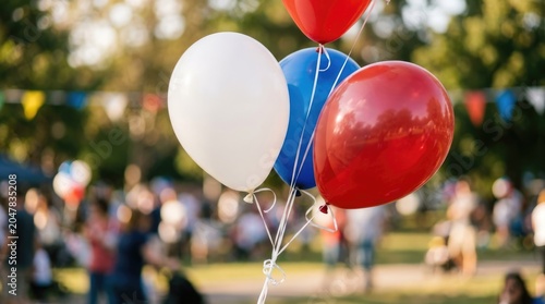 Balloons in a park during a summer festival with people enjoying various activities in the background