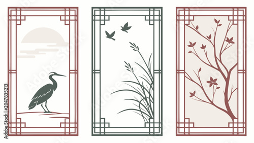 East asian inspired decorative window frame panels with oriental, traditional