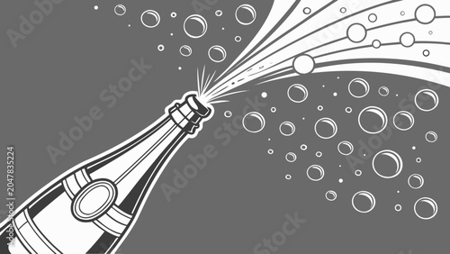 Champagne bottle popping with bubbles and celebration elements, champagne