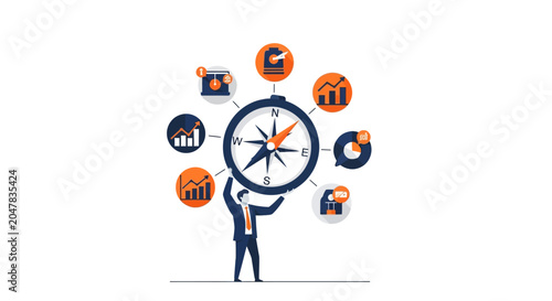Businessman Holding a Compass for Strategic Business Navigation and Growth Data Analysis Flat Vector Illustration