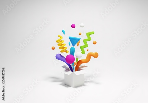 Surprise White Gift Box with Colorful 3D Abstract Geometric Shapes Exploding