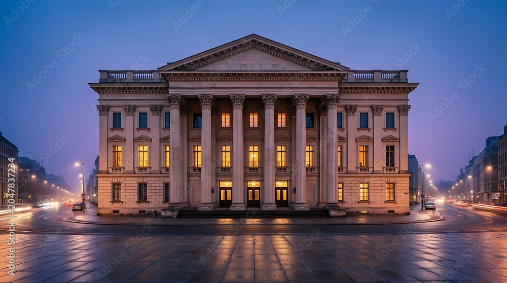Obraz premium Neoclassical building with illuminated windows at dusk