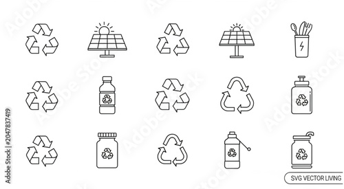 Eco friendly icons of recycling symbols and solar panels with recyclable bottles and utensils