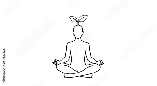 Person meditates peacefully outdoors with leaf on head in nature