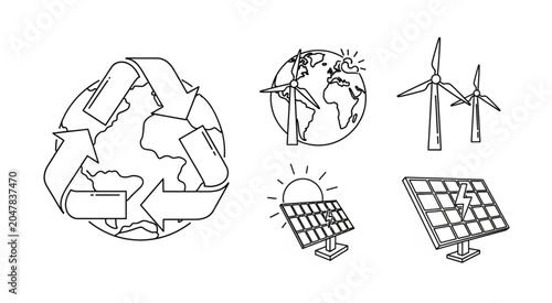 Renewable energy sources support eco-friendly recycling on a sunny day with solar panels and wind turbines.