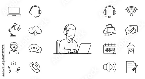 A man wearing a headset works on a laptop with various icons around him.