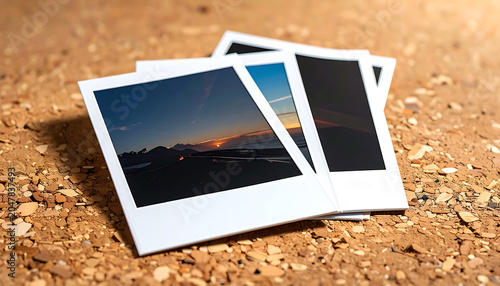 Stack of instant photos with sunset beach scenes, scattered on sand, memories and travel concept