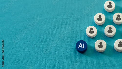 Fotografie Artificial intelligence token positioned among employee icons representing AI adoption, workforce integration, human AI collaboration and digital transformation