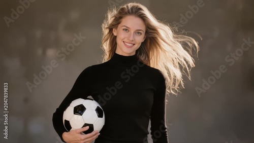 A smiling young woman with flowing blonde hair holds a soccer ball against a minimalist background, creating a clean and energetic sports portrait.