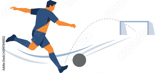Dynamic illustration of a male soccer player kicking a ball towards the goal during a game