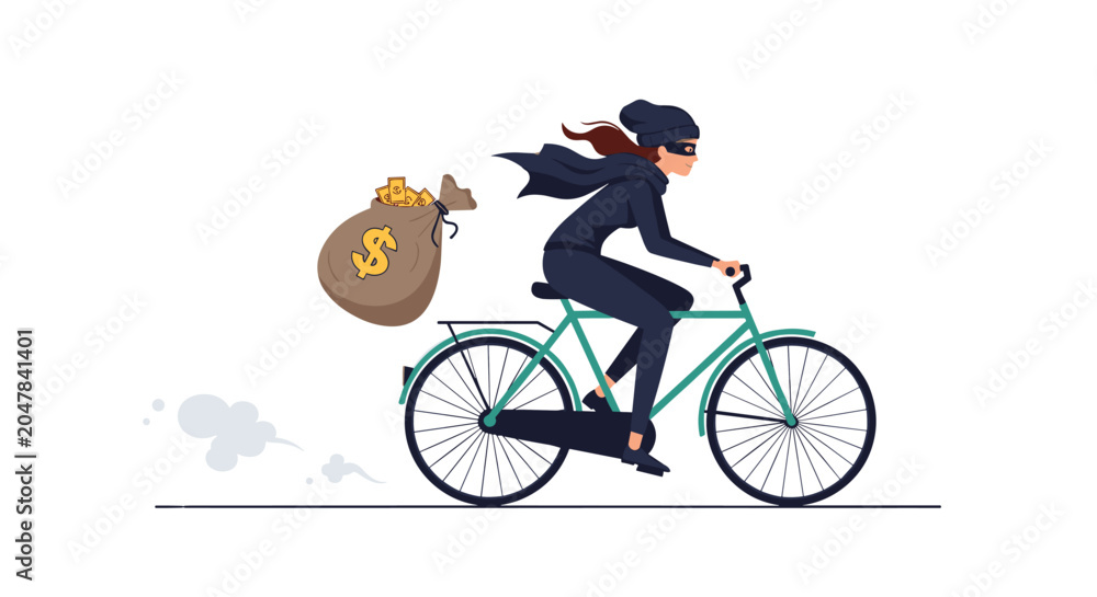 Fototapeta premium Woman in black criminal attire fleeing the scene of a crime on a bicycle while carrying a large sack of gold coins after a heist.