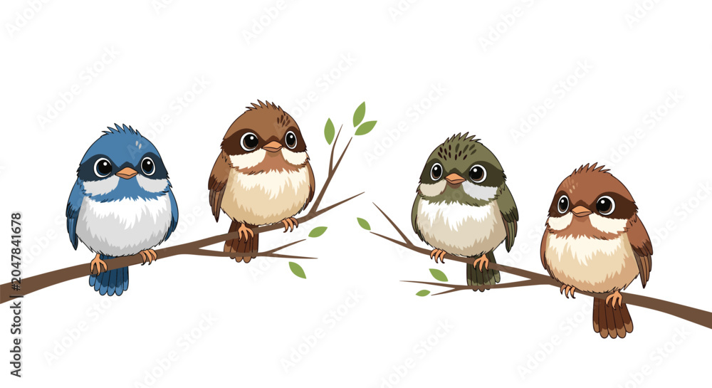 Fototapeta premium Four adorable small birds with different plumage patterns perched together on leafy tree branches in a row.