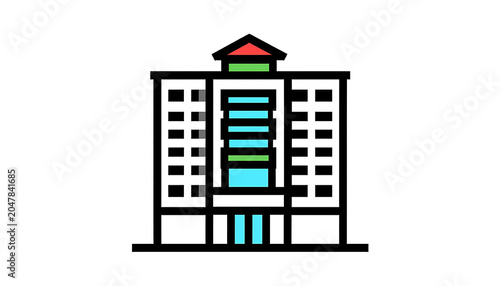 Stylized building exterior with multiple windows and a distinct roofline, simple flat illustration for architectural concepts