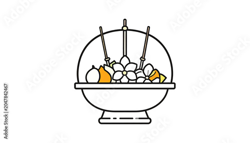 Stylized depiction of assorted fruits and vegetables in a decorative bowl, simple line art with flat colors, suitable for culinary or harvest themes