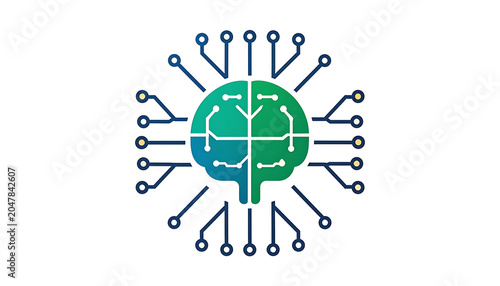Stylized digital brain circuit, artificial intelligence concept with glowing nodes and connections on a white background, representing technology and innovation