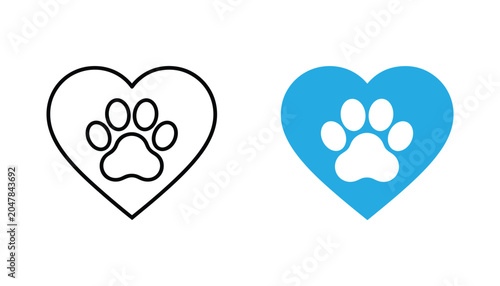 Foto Pet care heart icon set featuring paw print symbol inside heart shape in black o