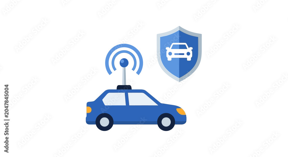 Fototapeta premium Connected Car Security and Insurance Concept with Wireless Signal, GPS Tracking, and Protective Shield Icon Illustration