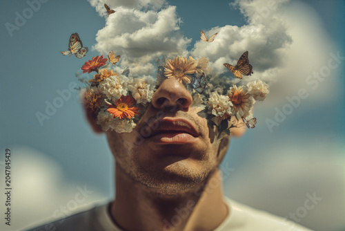 Collage Art Dreamlike Portrait with Clouds and Flowers Replacing Eyes, Evoking Imagination and