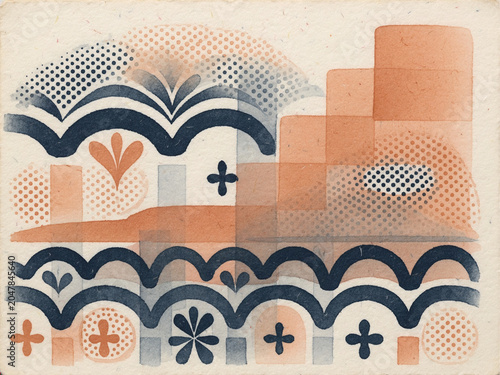 Risograph Print - Navy Terracotta Cream Mediterranean.