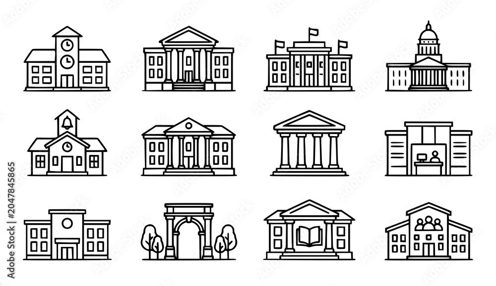 Fototapeta premium Government buildings and landmarks line icons set