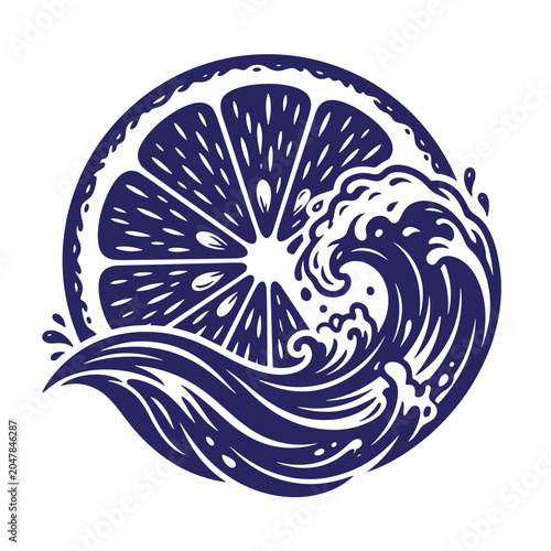 Orange fruit slice with crashing ocean wave silhouette icon summer time sea wave vitamin c summer vibes nature element food art tropical fruit splash wave