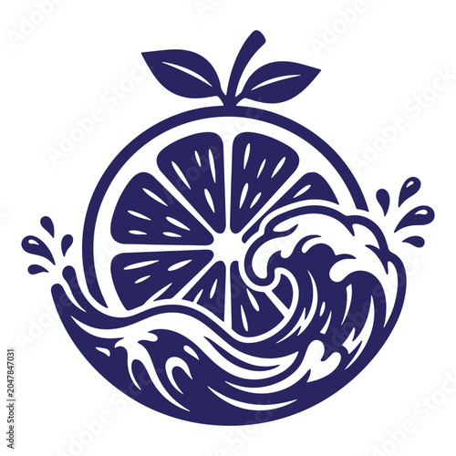 Graphic vector illustration of a citrus orange fruit slice integrated with a stylized ocean wave splash in monochrome blue illustration monochrome abstract refreshing