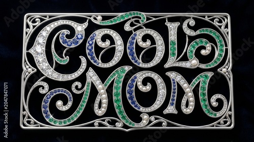 Elegant Script Cool Mom Ornate Typography on Black Vintage Metal Plate with Sparkling Gems
