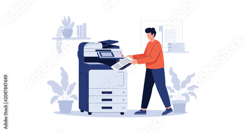 Office worker in casual clothes using a modern professional multifunction printer and copier to copy or scan important documents.