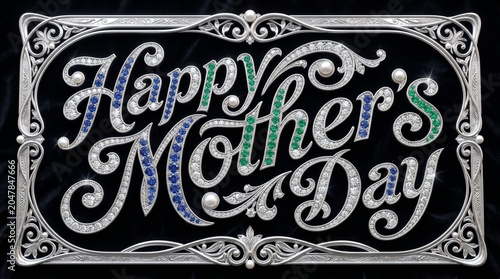 Elegant Happy Mother's Day Text with Gemstones and Ornate Frame