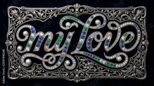 Ornate My Love Belt Buckle Adorned with Diamonds and Gemstones